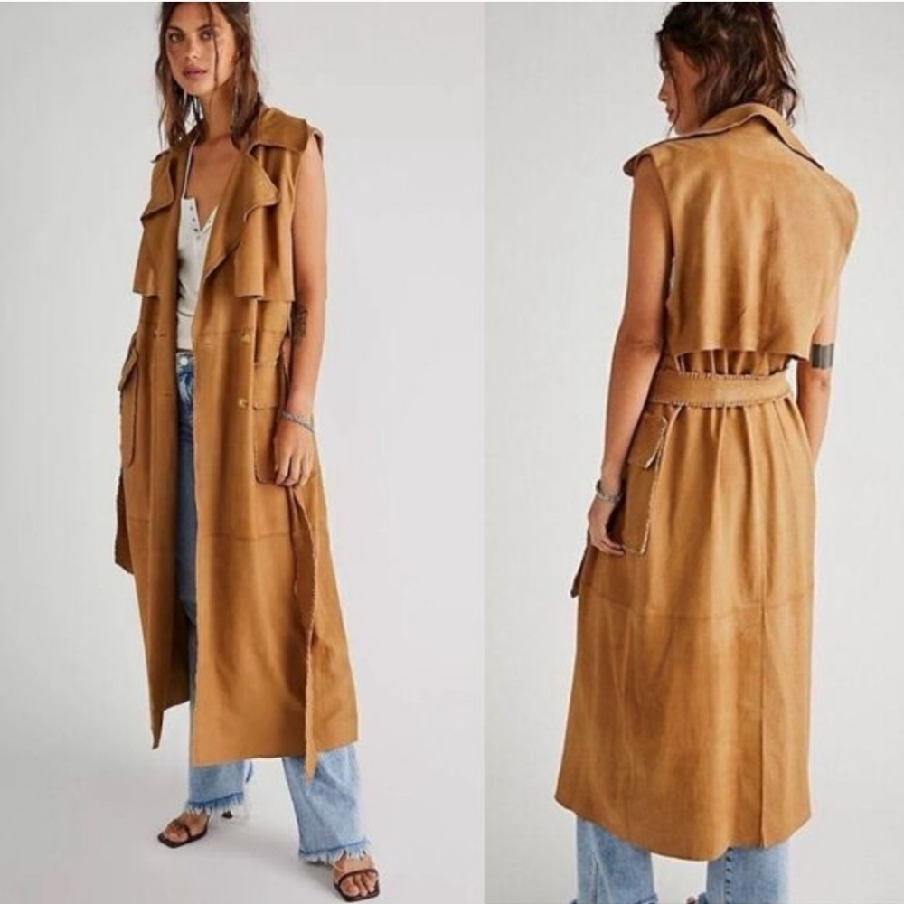 Free People Marseille Genuine Goat Leather Sleeveless Trench Coat In Tan Size M